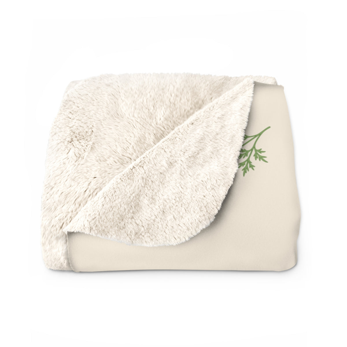 A folded Cream sherpa fleece blanket for Mom shows the fluffy cream back beside a green leafy sprig on the printed front.