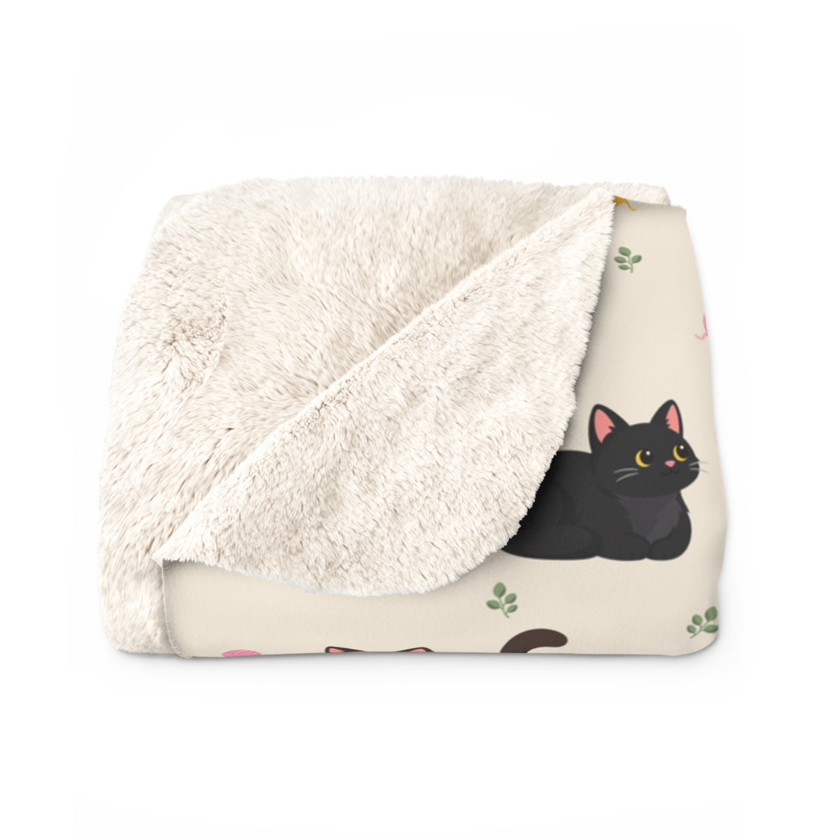 A turned corner of a folded Cream sherpa fleece blanket reveals its fluffy cream back beside a black cat on the printed front.