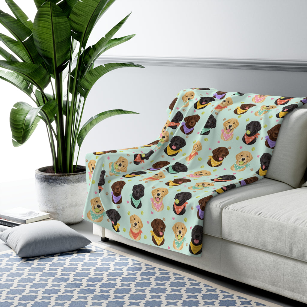 Over a gray sofa, the Mint sherpa fleece Lab blanket hangs beside a tall plant and a blue patterned rug.