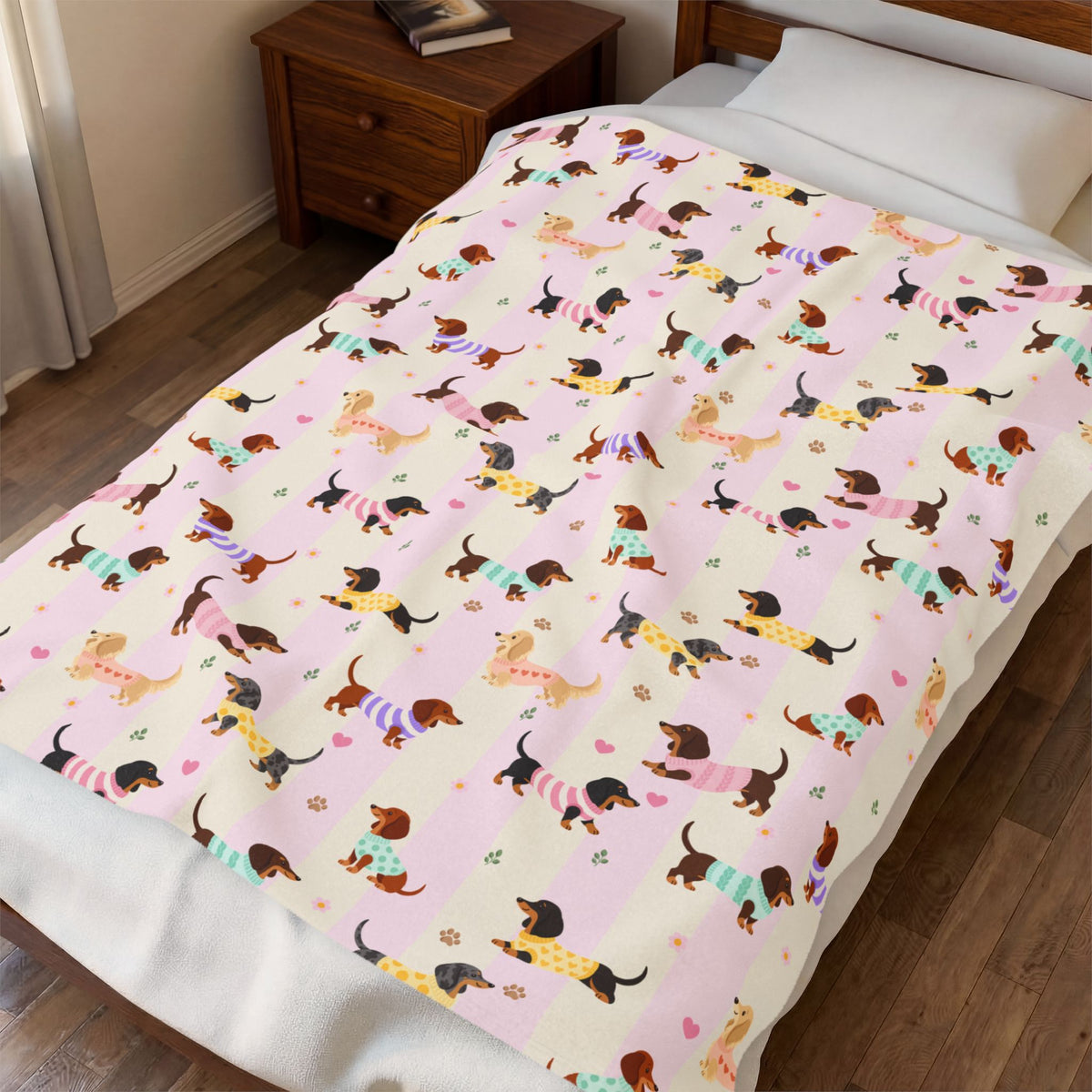Wiener dog blanket in velveteen plush, Pink stripes color, on a bed with knit-sweater dogs.