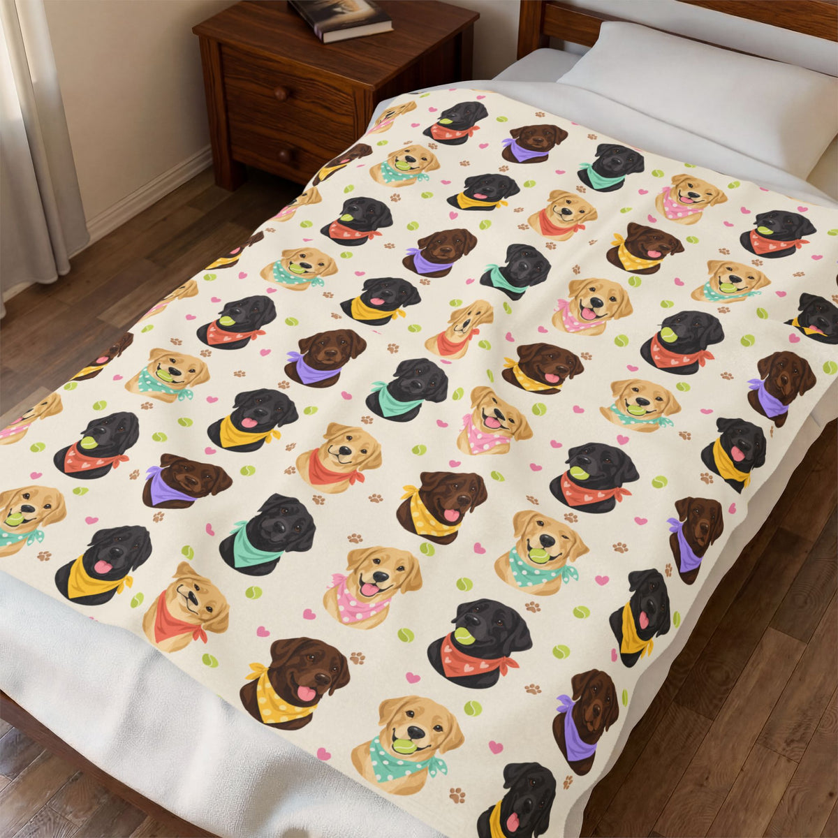 Cream velveteen plush Lab blanket spread across a made bed, with its rows of portraits beside a wooden nightstand.