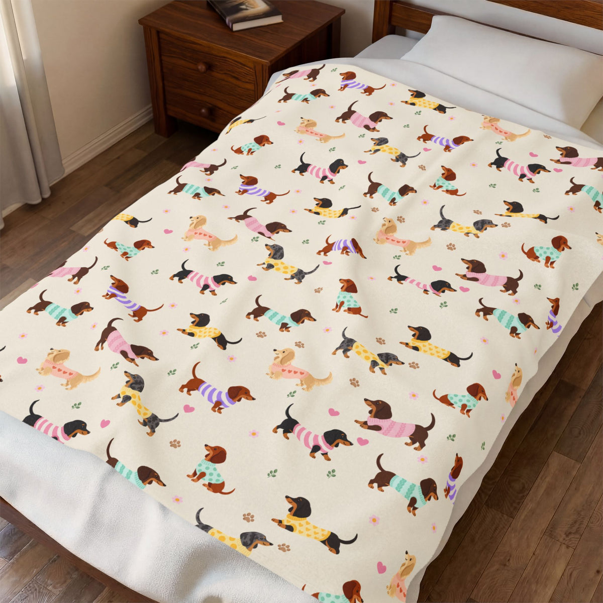 Made bed with a Cream velveteen plush blanket draped across it, showing the repeated dachshunds in knit sweaters.