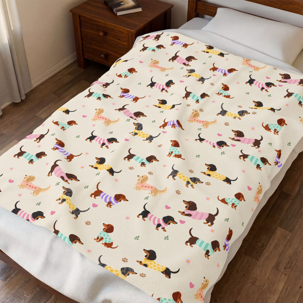 Made bed with a Cream velveteen plush blanket draped across it, showing the repeated dachshunds in knit sweaters.