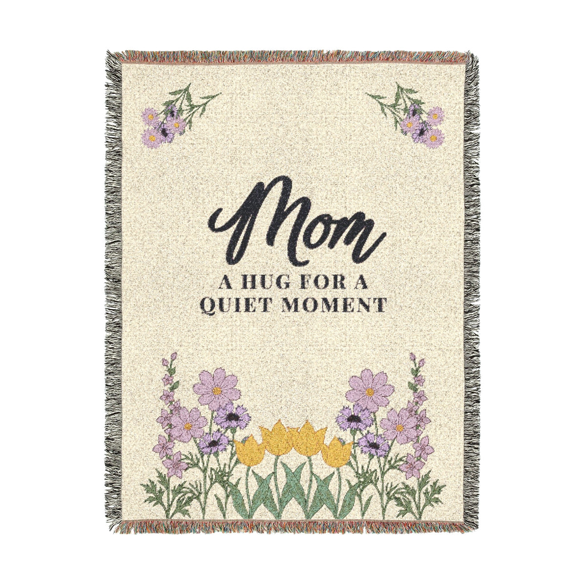 The 60 x 80 inch Cream woven cotton blanket is shown tall on white, with dark words, soft lilac wildflowers and fringe on all four edges.