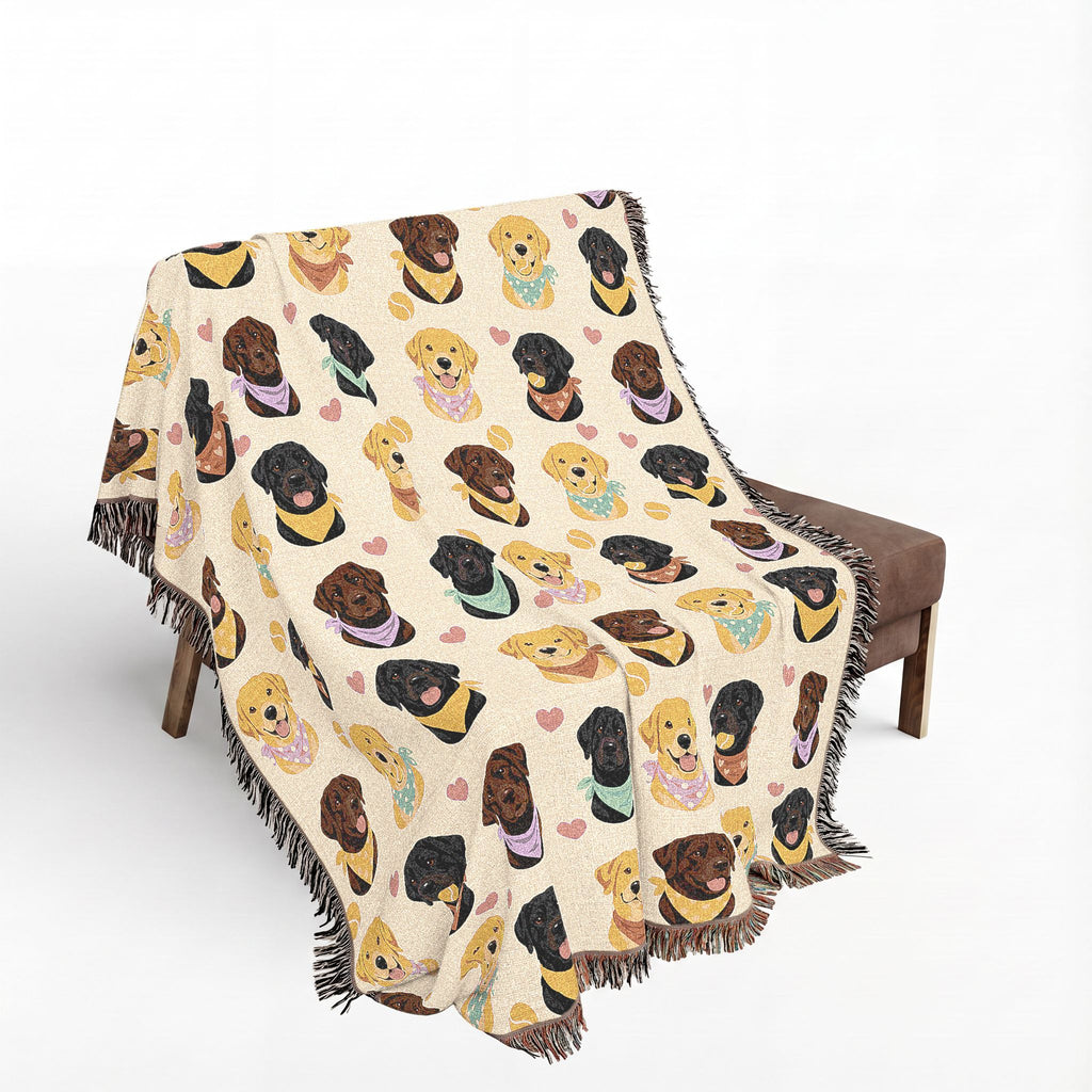 Over a wooden bench with a brown leather seat, the Cream woven cotton Lab throw drapes with its colorful fringe hanging down.