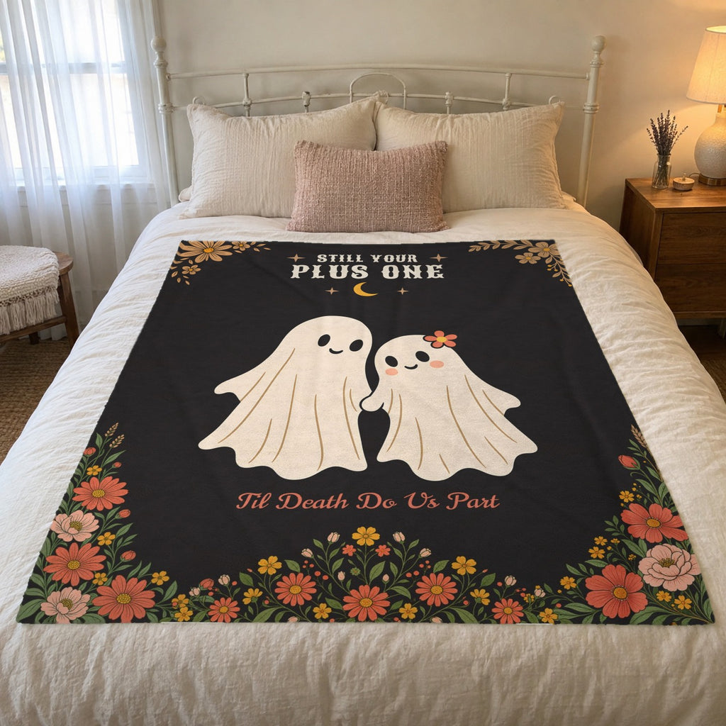 Morning light falls on a 50 x 60 inch Black velveteen plush blanket with a ghost couple on cream bedding in a white iron bed.