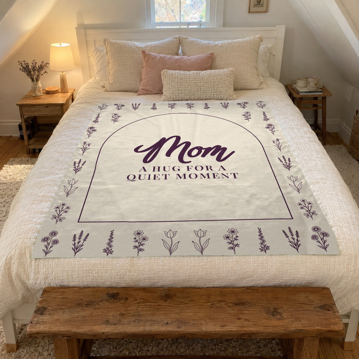 In an attic bedroom, a 50 x 60 inch Cream hug blanket in velveteen plush lies flat on a made queen bed beneath white sloped ceilings.
