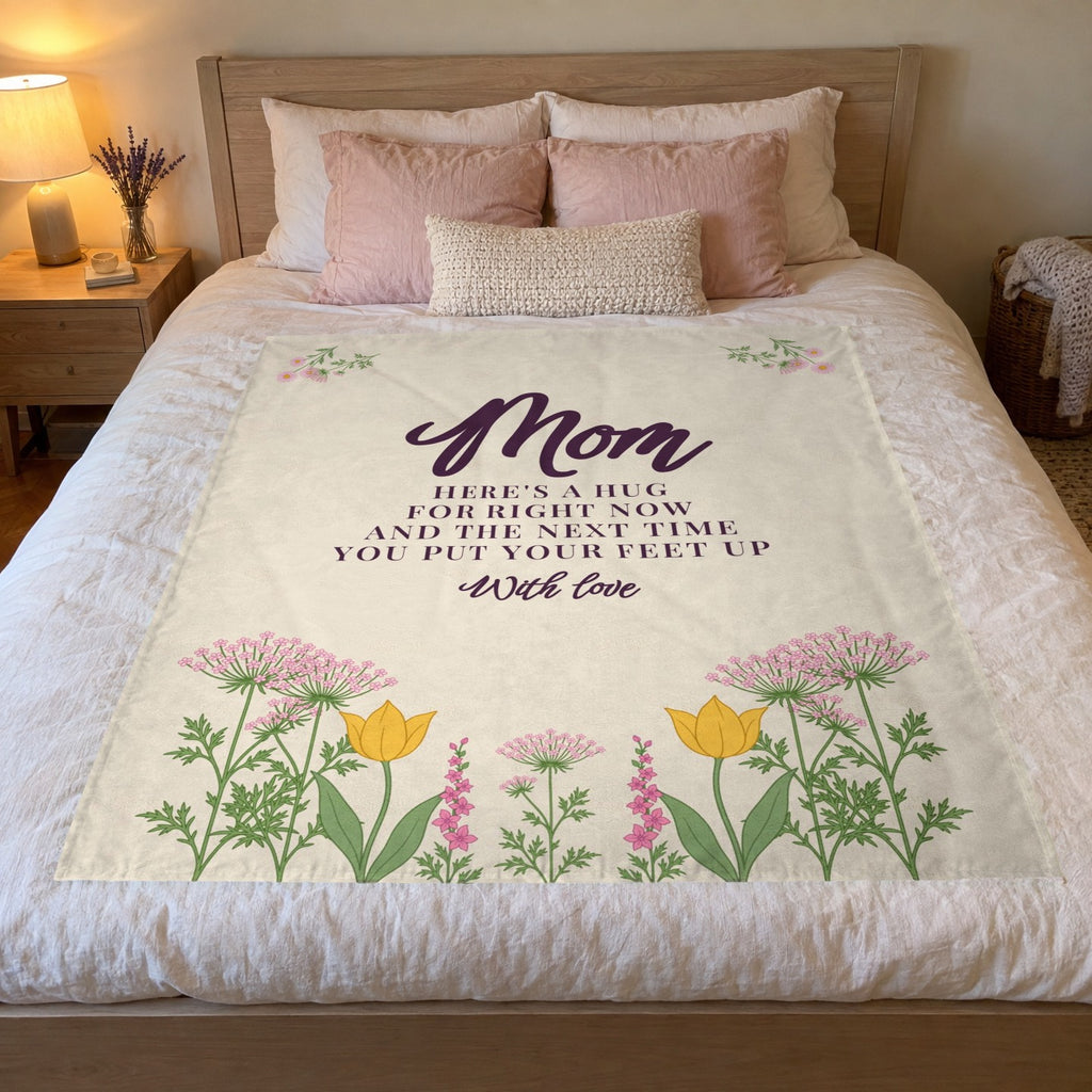 On a queen bed, a 50 x 60 inch Cream Mother's Day gift blanket in velveteen plush lies beside blush pillows and a glowing bedside lamp.