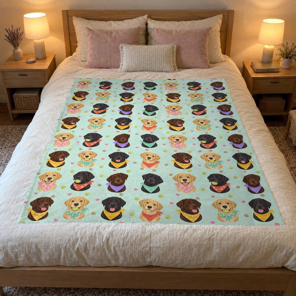 A 50 x 60 inch Mint velveteen plush Lab blanket on a light oak bed with a cream duvet, blush pillows and a glowing lamp.