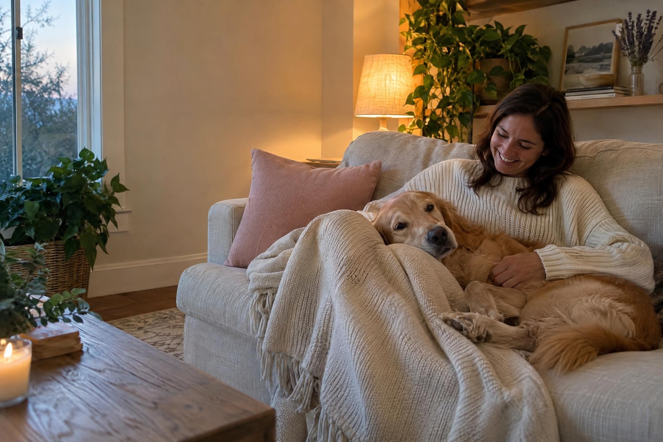 Woman laughing on a sofa at dusk, a golden retriever across her lap and a plain cream blanket over them both.