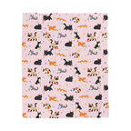 Laid flat on white, a Blush cat throw blanket in velveteen plush shows cartoon cats among pastel yarn balls and leaf sprigs.