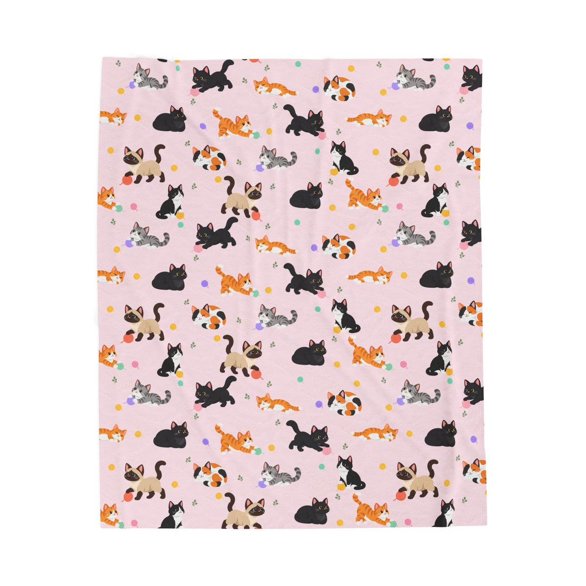 Laid flat on white, a Blush cat throw blanket in velveteen plush shows cartoon cats among pastel yarn balls and leaf sprigs.
