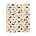 Cream cat print blanket in velveteen plush lies flat on white, showing cartoon cats, pastel yarn balls, leaf sprigs and daisies.
