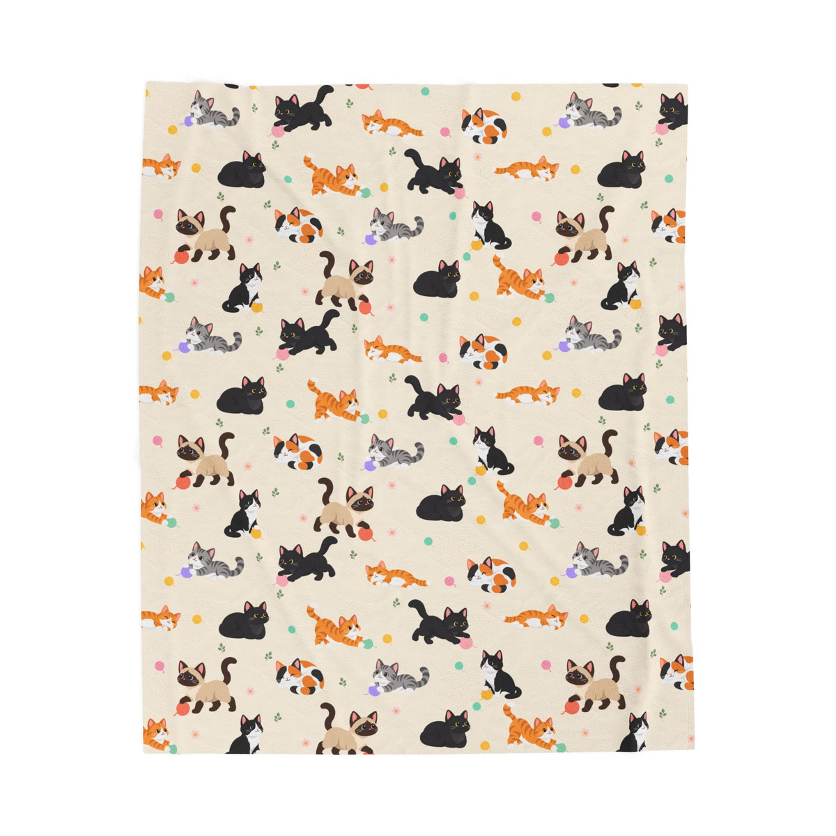 Cream cat print blanket in velveteen plush lies flat on white, showing cartoon cats, pastel yarn balls, leaf sprigs and daisies.