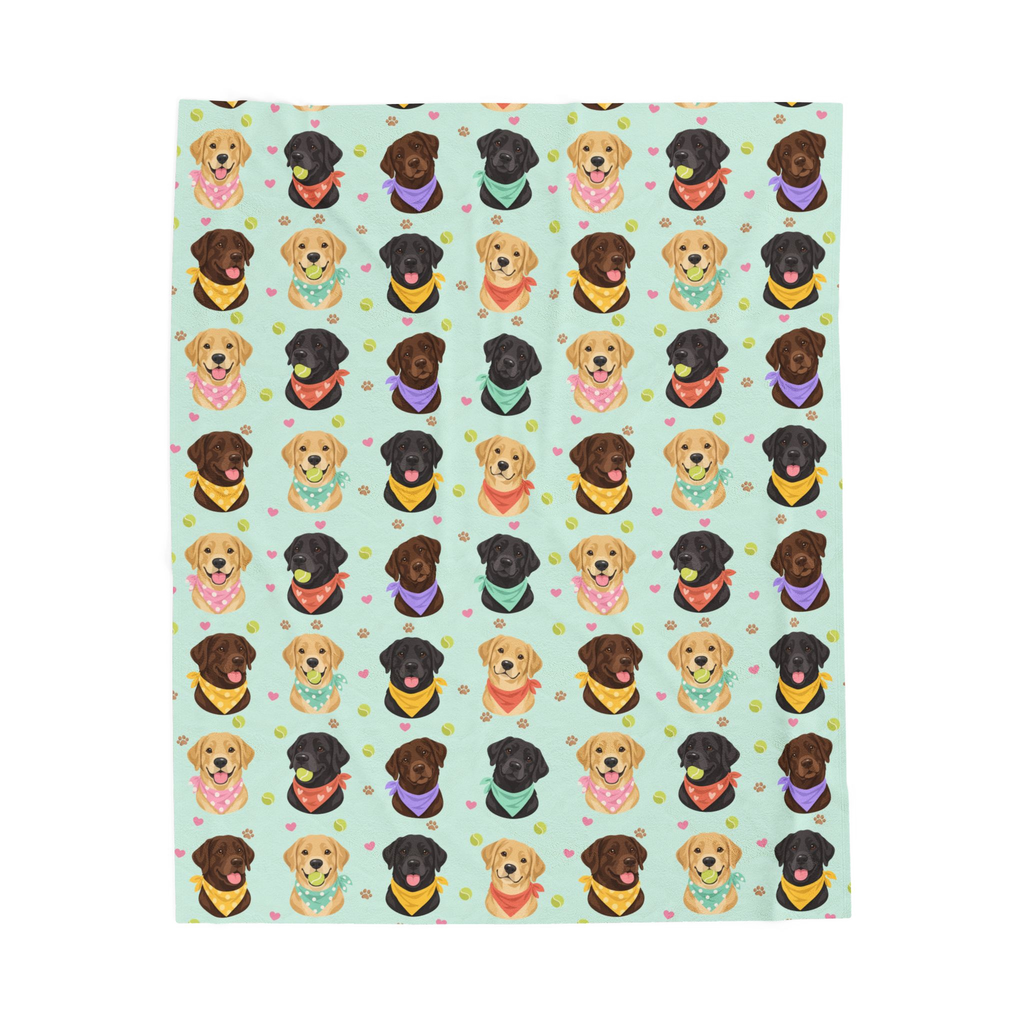 Laid flat on white, the Mint velveteen plush blanket shows the full pattern of black, yellow and chocolate Labs in pastel bandanas.