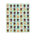Laid flat on white, the Mint velveteen plush blanket shows the full pattern of black, yellow and chocolate Labs in pastel bandanas.