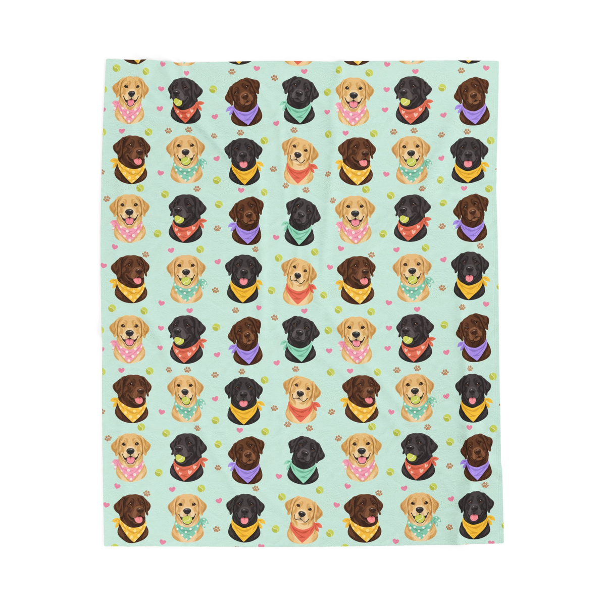 Laid flat on white, the Mint velveteen plush blanket shows the full pattern of black, yellow and chocolate Labs in pastel bandanas.