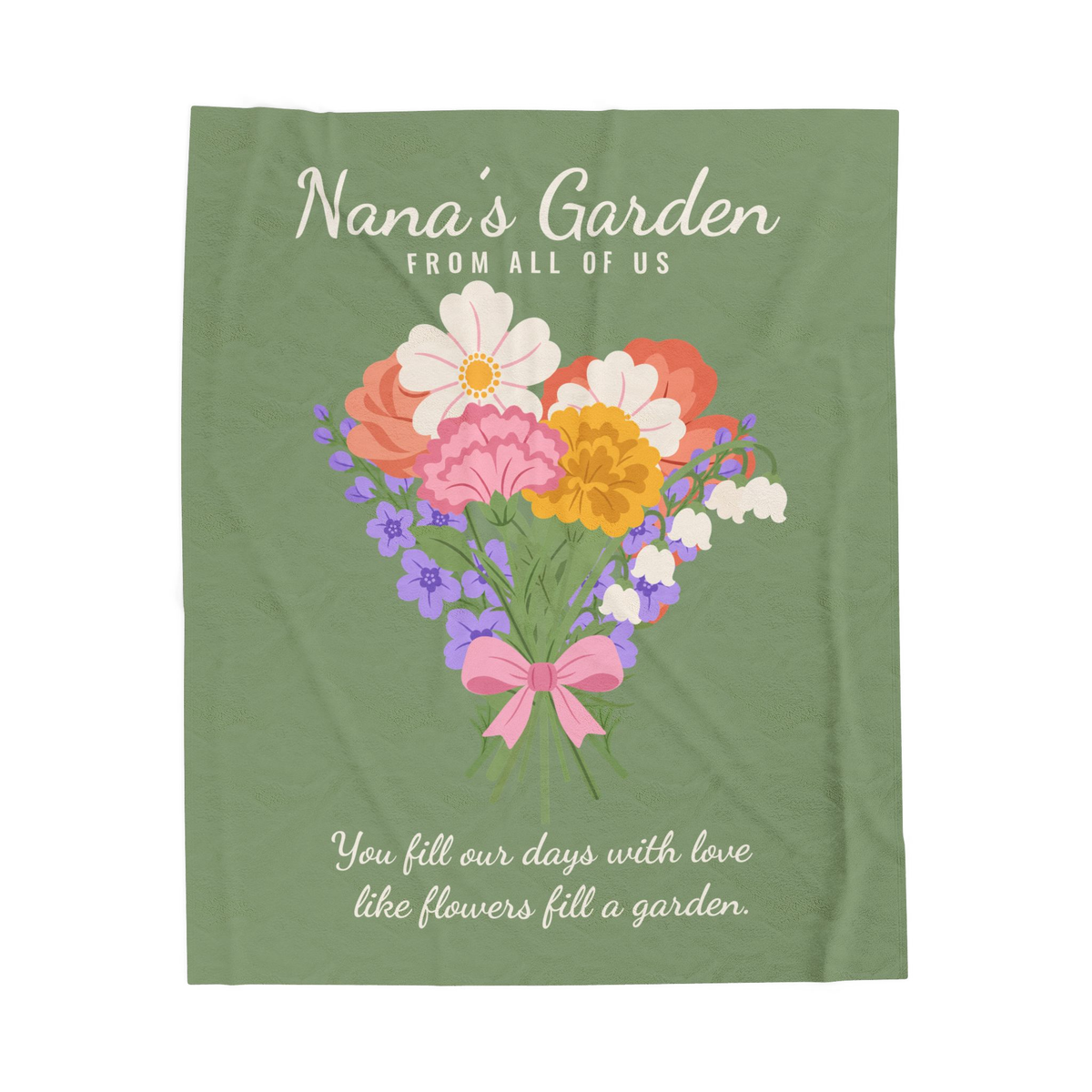 A Sage Nana blanket in velveteen plush lies flat on white, with "Nana's Garden" above a bouquet of flowers tied with a pink bow.