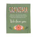 Sage grandma blanket in velveteen plush lies flat on white, with floral "GRANDMA" letters, cream words and a flower garland.