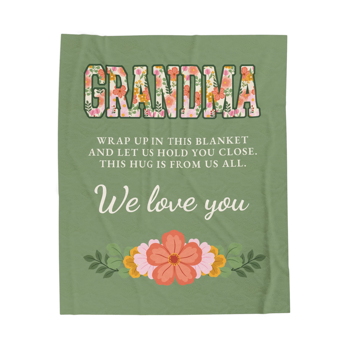 Sage grandma blanket in velveteen plush lies flat on white, with floral "GRANDMA" letters, cream words and a flower garland.