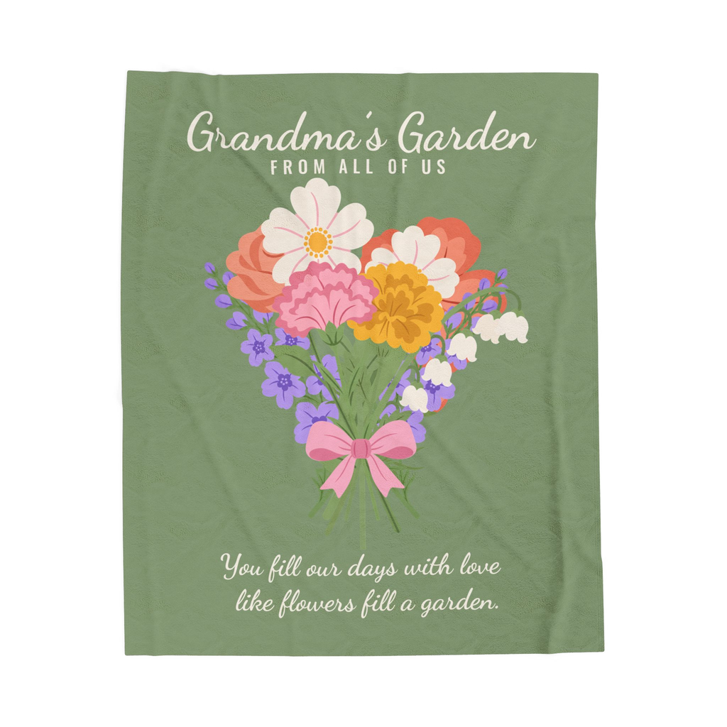 Sage Grandma's Garden blanket in velveteen plush lies flat on white, showing a bouquet tied with a pink bow beneath "FROM ALL OF US".