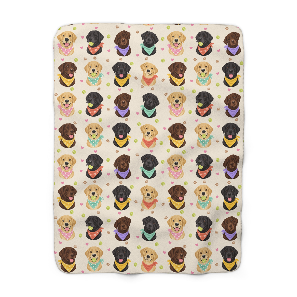Rounded corners frame the Cream sherpa fleece blanket on white, showing the full pattern of black, yellow and chocolate Labs in bandanas.
