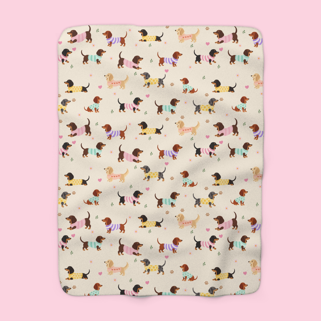 Sweater-wearing dachshunds cover a Cream sherpa fleece blanket laid flat on a soft blush backdrop.