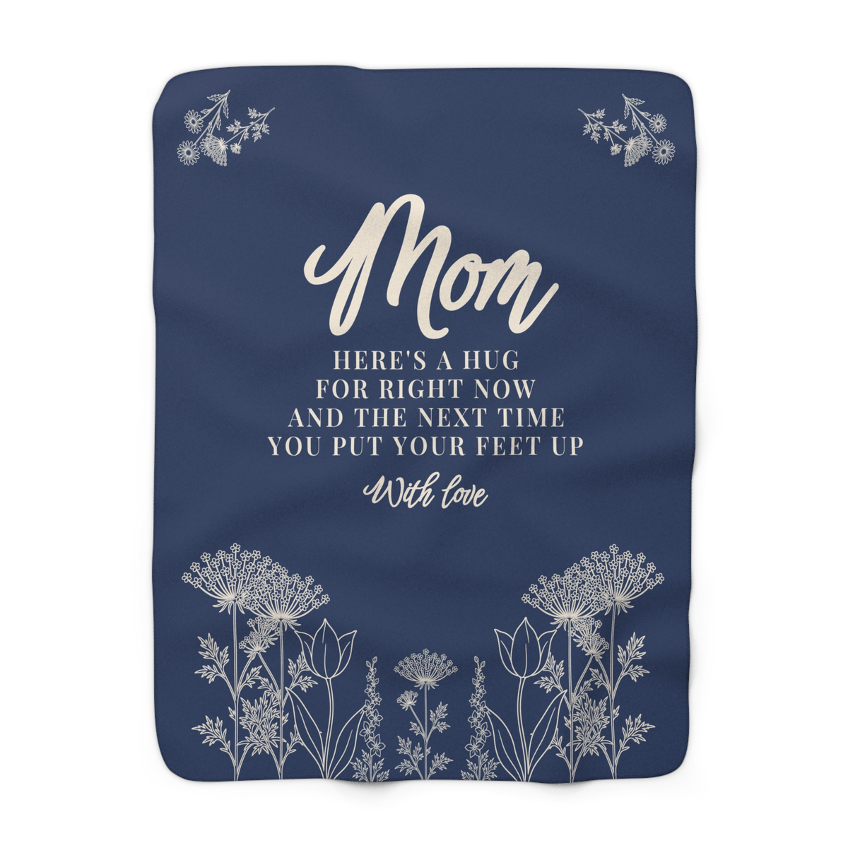 Laid flat on white, a Navy sherpa fleece blanket for Mom shows cream "Mom" lettering, a wildflower meadow and sprays in both top corners.