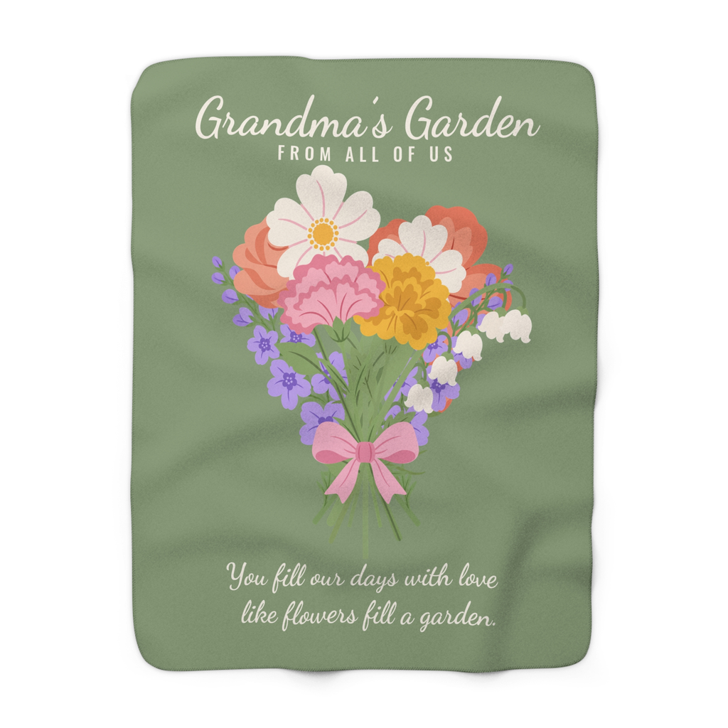 Sage sherpa fleece blanket for grandmother lies flat on white, showing "Grandma's Garden" above a bouquet tied with a pink bow.