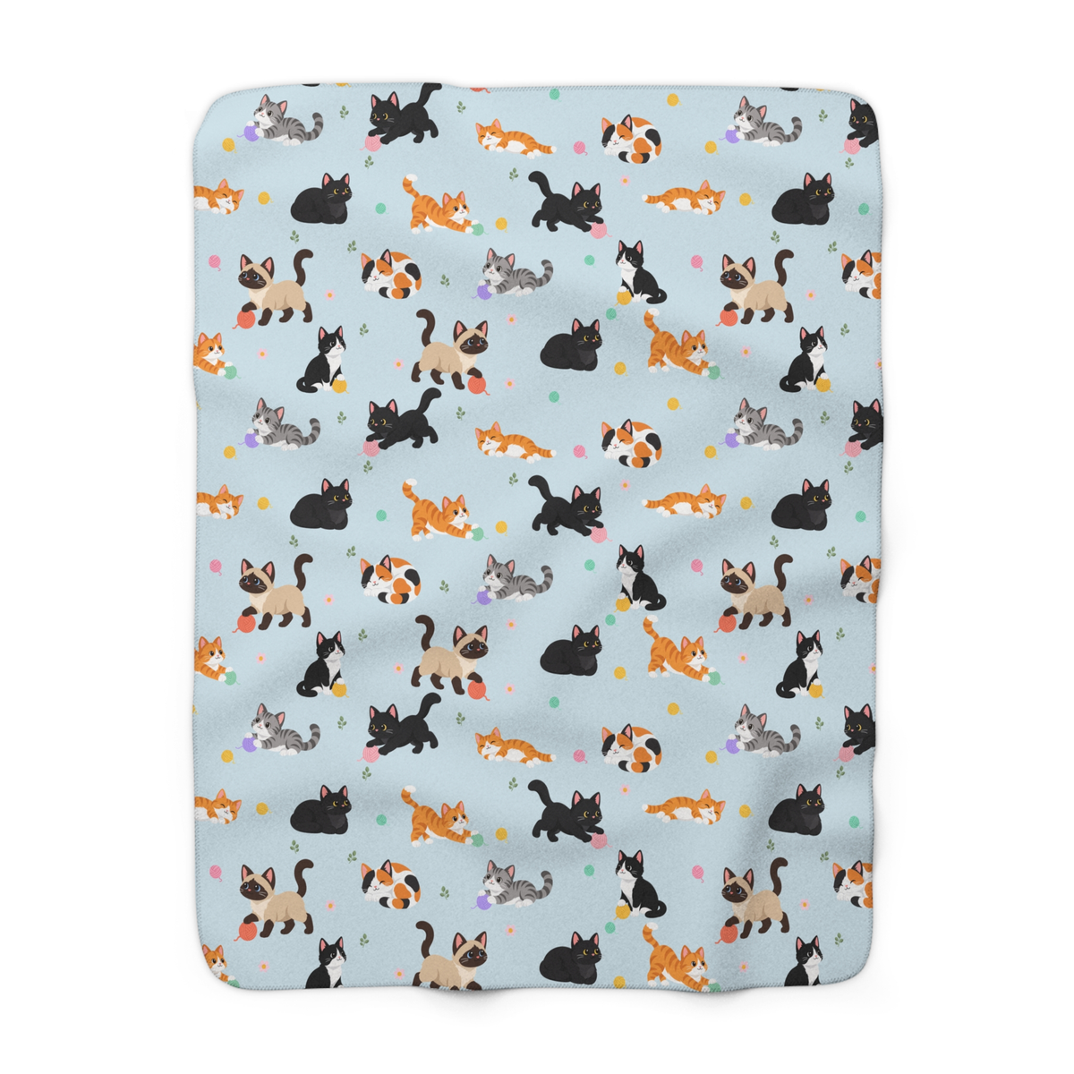 Pastel yarn balls, cartoon cats and daisies fill a Sky sherpa fleece blanket laid flat on white, with the printed front in view.