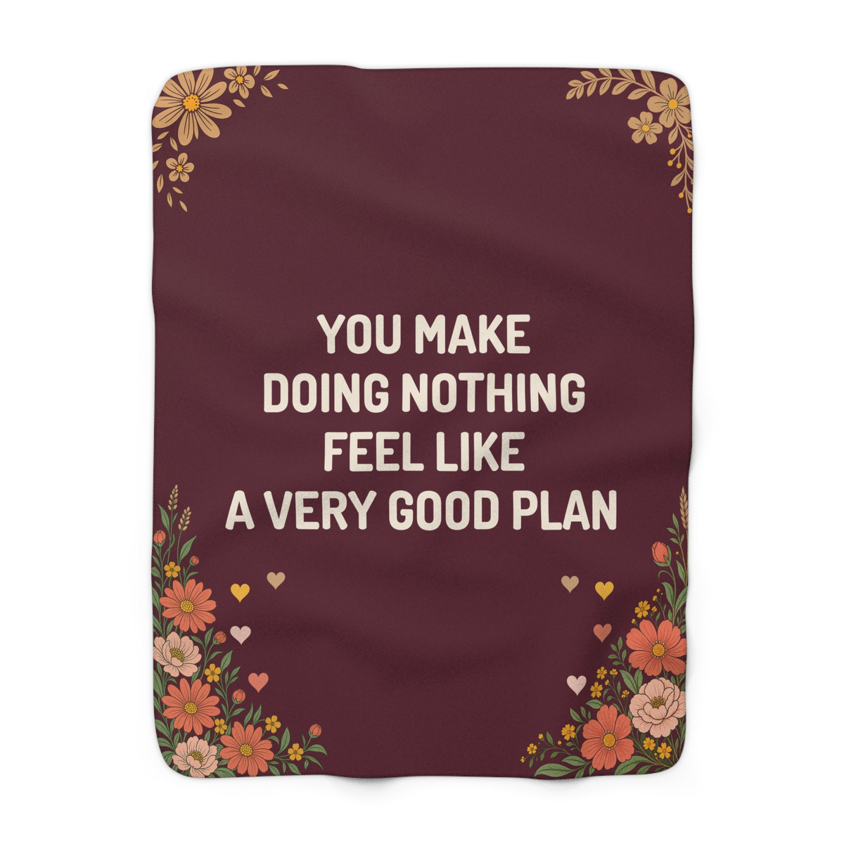 Rounded corners frame a Wine valentines blanket in sherpa fleece laid flat on white, with bold cream words, wildflowers and small hearts.