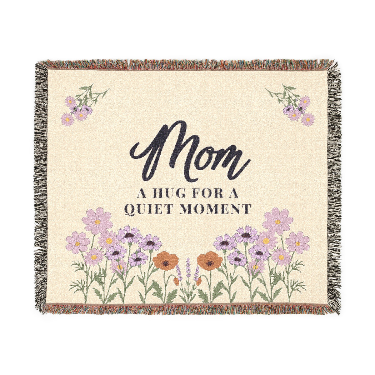 Cream mom throw blanket in woven cotton, 60 x 50 inches, lies flat on white with soft lilac wildflowers, green stems and fringe.