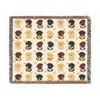 Cream woven cotton blanket laid flat on white, with fringe around the full pattern of black, yellow and chocolate Labs in bandanas.