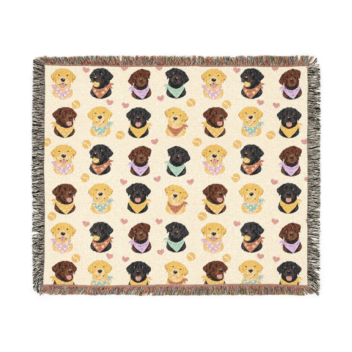 Cream woven cotton blanket laid flat on white, with fringe around the full pattern of black, yellow and chocolate Labs in bandanas.