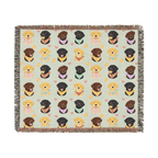 Fringe edges surround the Mint woven cotton blanket on white, displaying all the rows of black, yellow and chocolate Lab portraits.