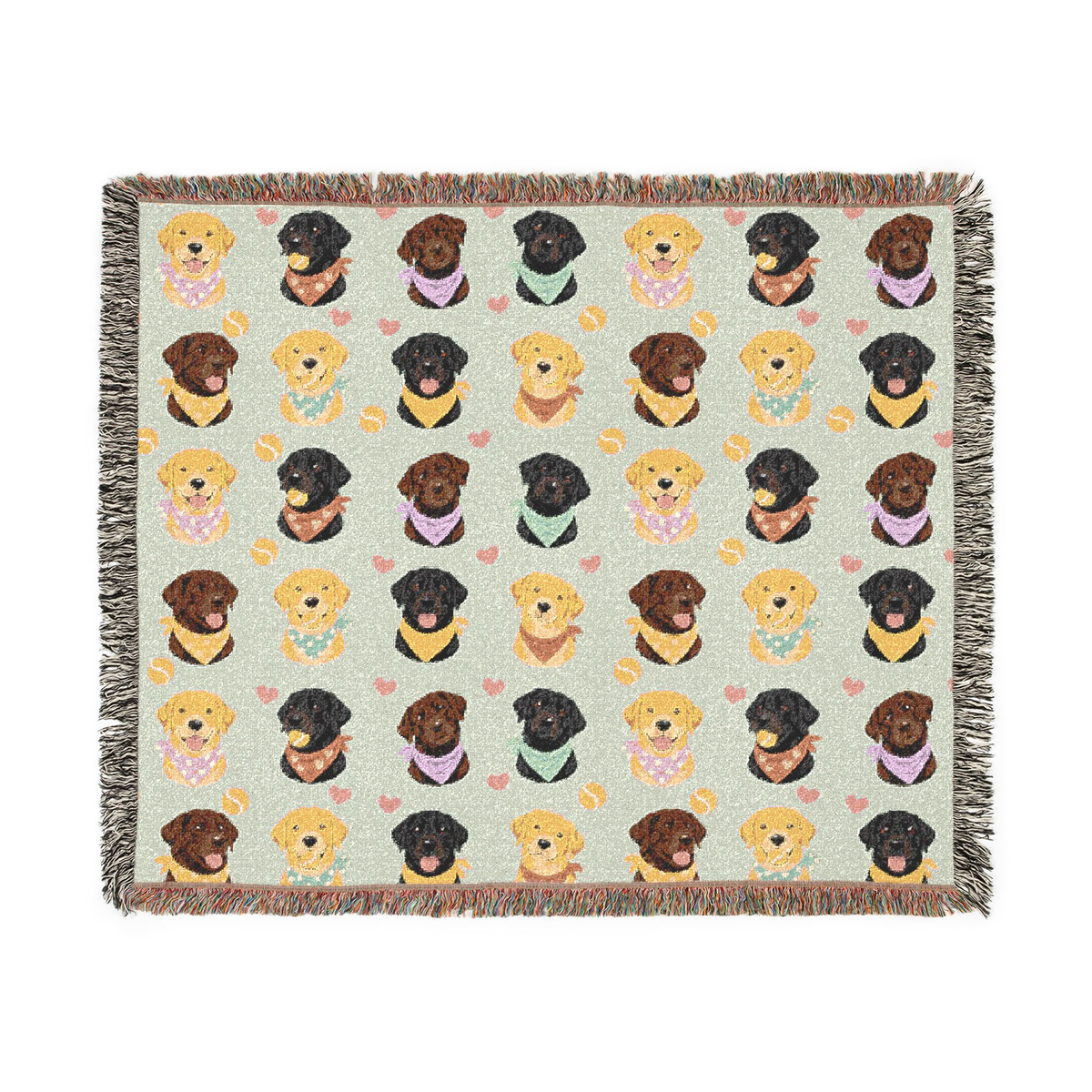 Fringe edges surround the Mint woven cotton blanket on white, displaying all the rows of black, yellow and chocolate Lab portraits.