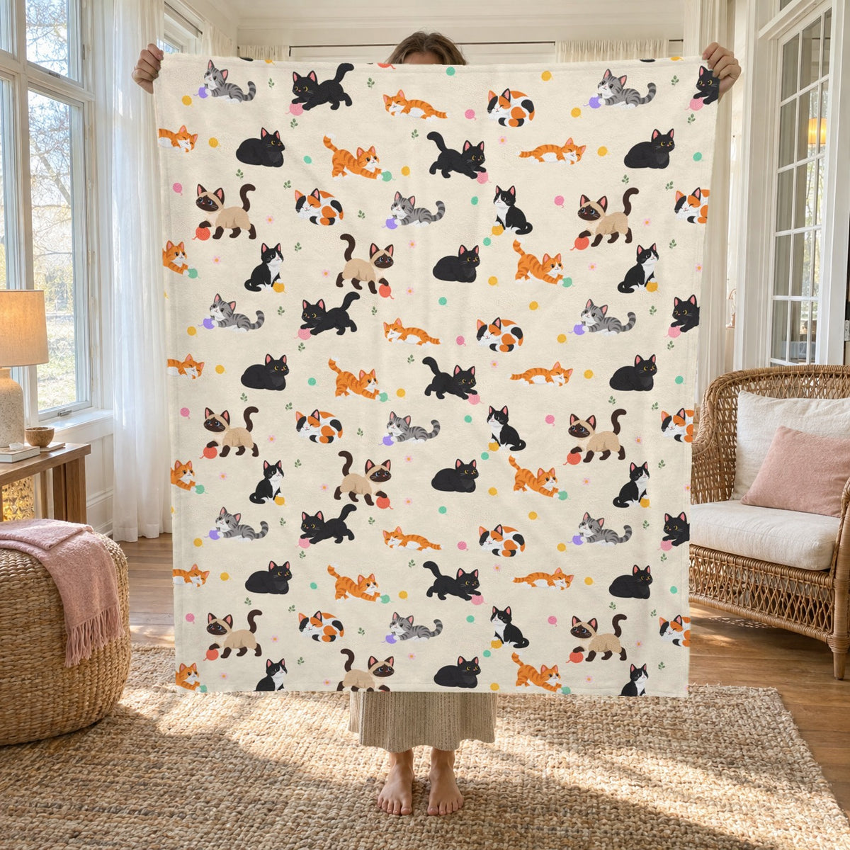 In a bright sunroom, a woman holds up a 50 x 60 inch Cream velveteen plush blanket with cartoon cats, her bare feet showing below.