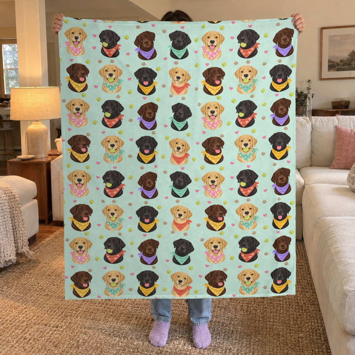 In a family room, a woman in light jeans and lavender socks holds a 50 x 60 inch Mint velveteen plush Lab blanket by a cream sectional sofa and jute rug.