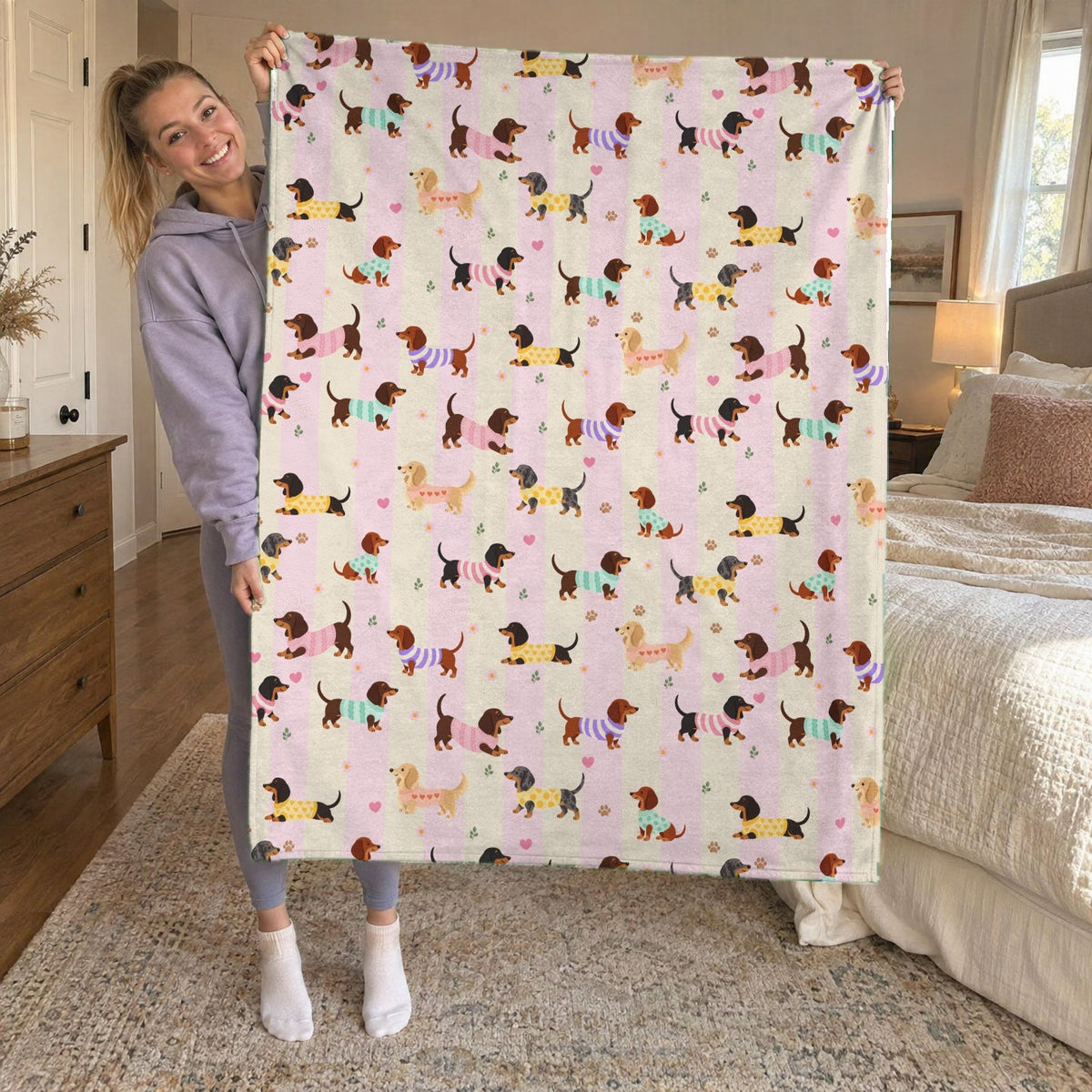 Beside a made bed, a woman holds up a 50 x 60 inch pink stripes velveteen plush blanket with dachshunds in knit sweaters.