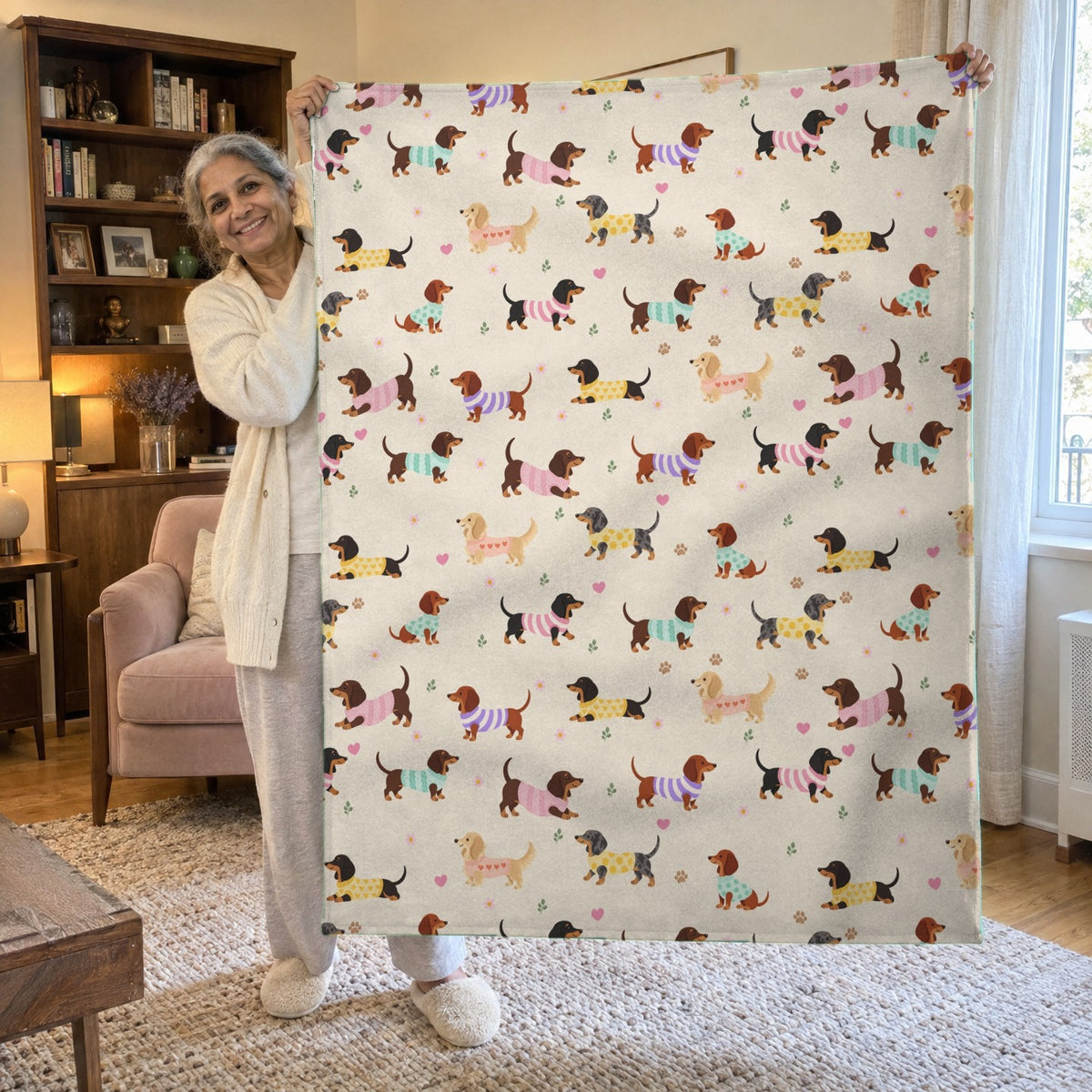 A woman holds up a 50 x 60 inch cream sherpa fleece blanket with dachshunds in knit sweaters beside a blush armchair.