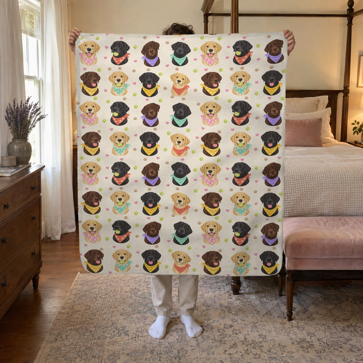 A man in khaki chinos and white socks holds a 50 x 60 inch Cream sherpa fleece Lab blanket by a four-poster bed and blush velvet bench.