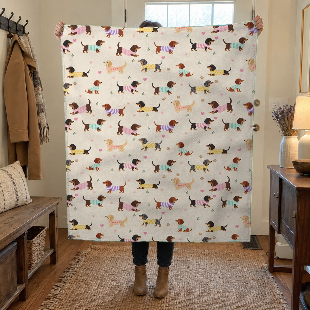 A woman holds up a 50 x 60 inch Cream sherpa fleece blanket with dachshunds in knit sweaters in a hallway with a white door and bench.