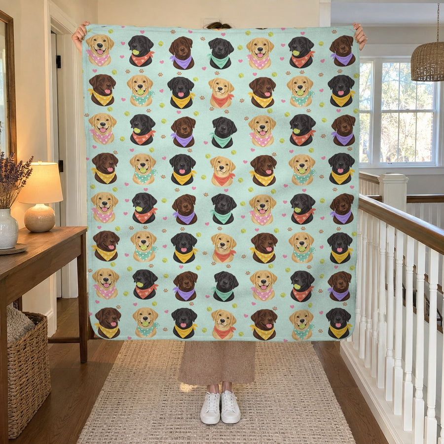 On a sunlit landing, a woman in a long camel knit skirt and white sneakers holds a 50 x 60 inch Mint sherpa fleece Lab blanket by a white railing.