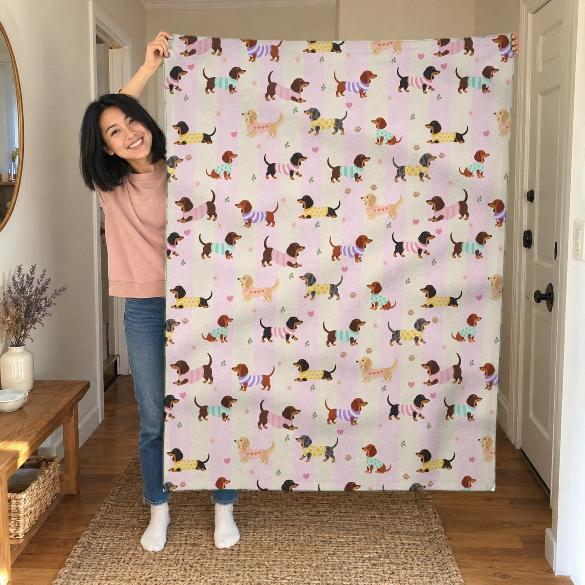 In a hallway with a white door, a woman holds up a 50 x 60 inch pink stripes sherpa fleece blanket with dachshunds in knit sweaters.