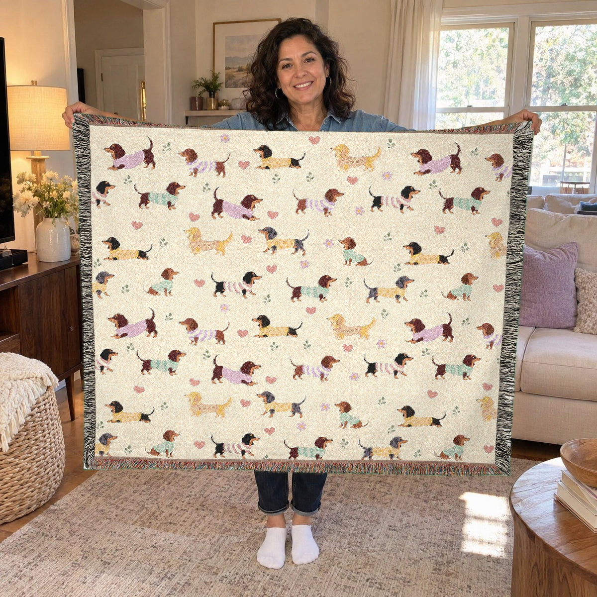 A woman holds a 60 x 50 inch cream woven cotton blanket with dachshunds in knit sweaters and fringed edges at shoulder height.