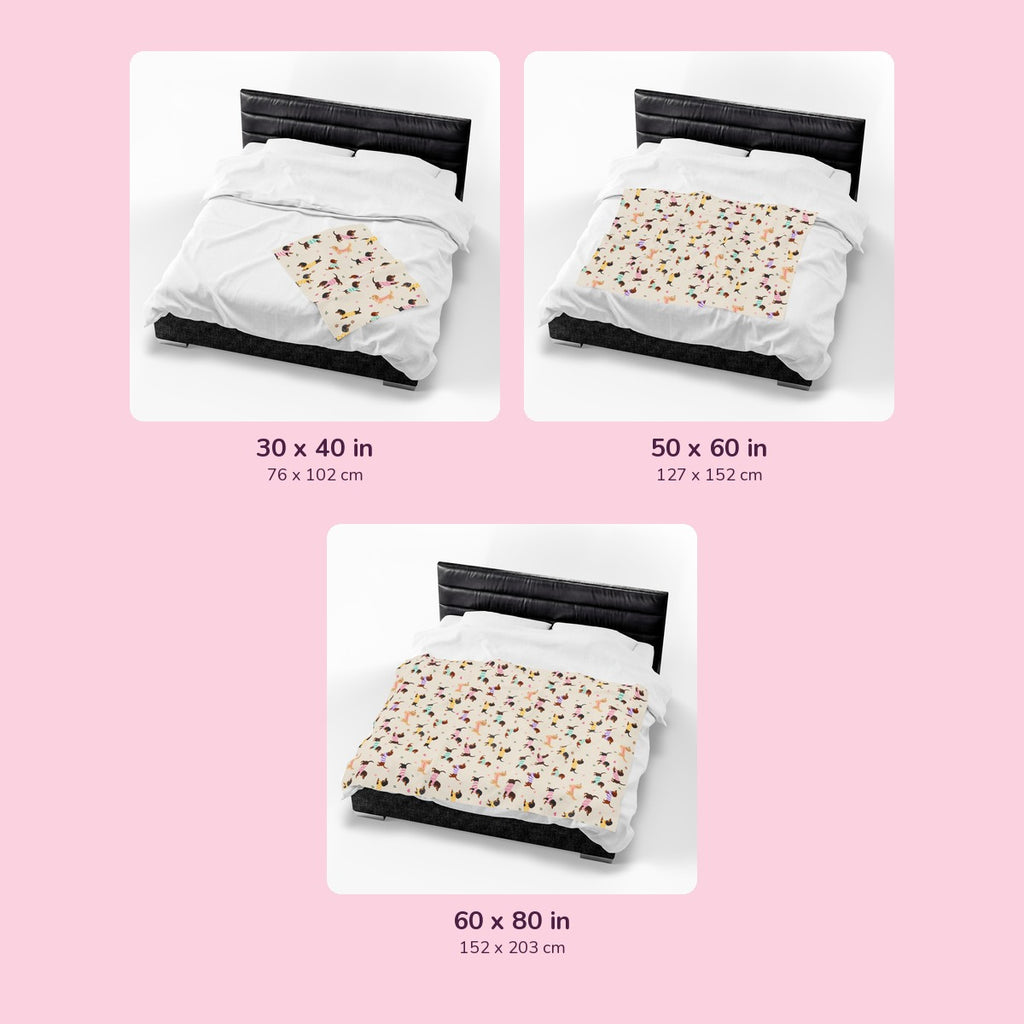 Cream velveteen plush blankets on a bed: 30x40, 50x60, and 60x80 in, labeled in inches and cm.