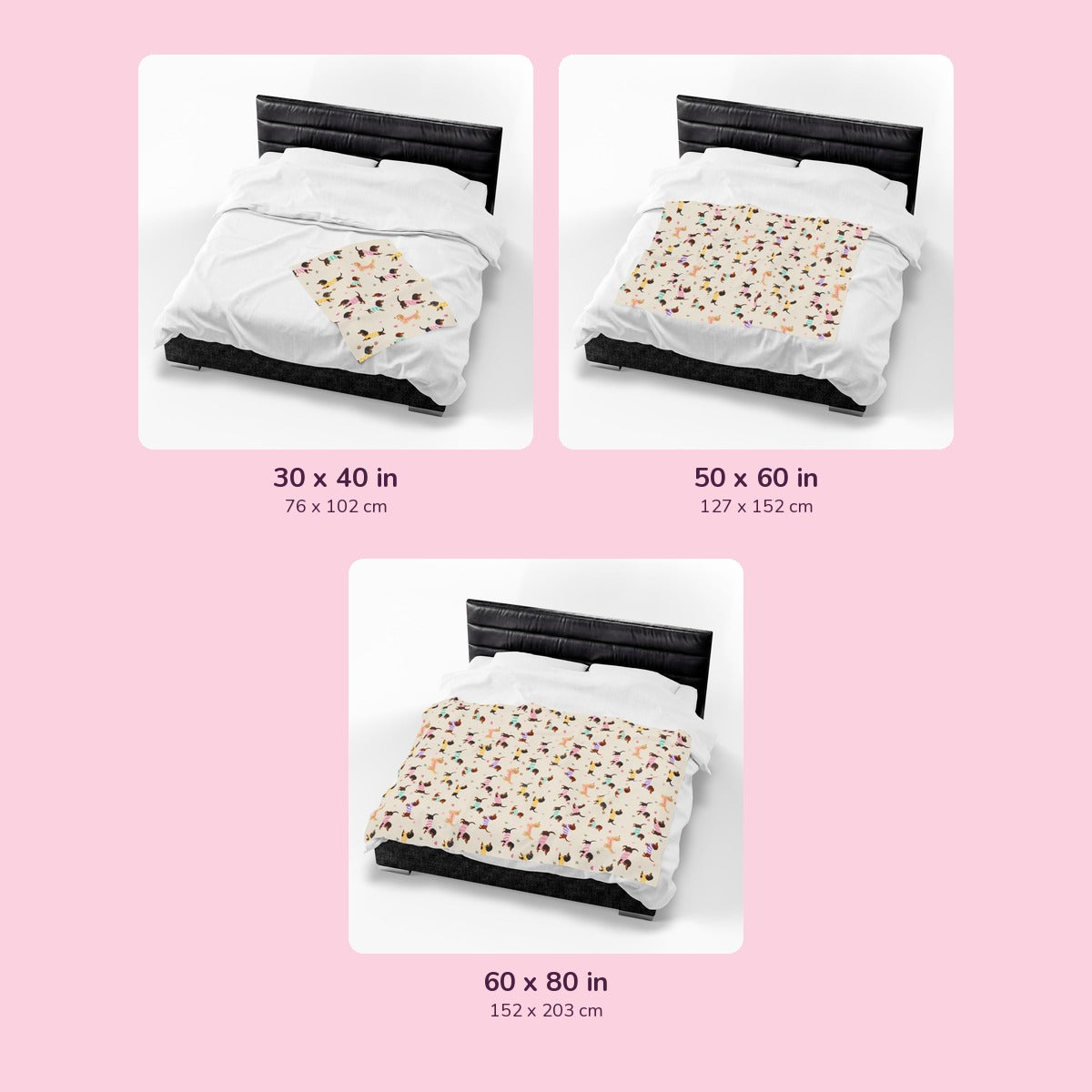 Cream velveteen plush blankets on a bed: 30x40, 50x60, and 60x80 in, labeled in inches and cm.