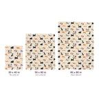 Three Cream velveteen plush blankets with cats sit side by side on white, labeled 30 x 40, 50 x 60 and 60 x 80 inches, with cm equivalents.