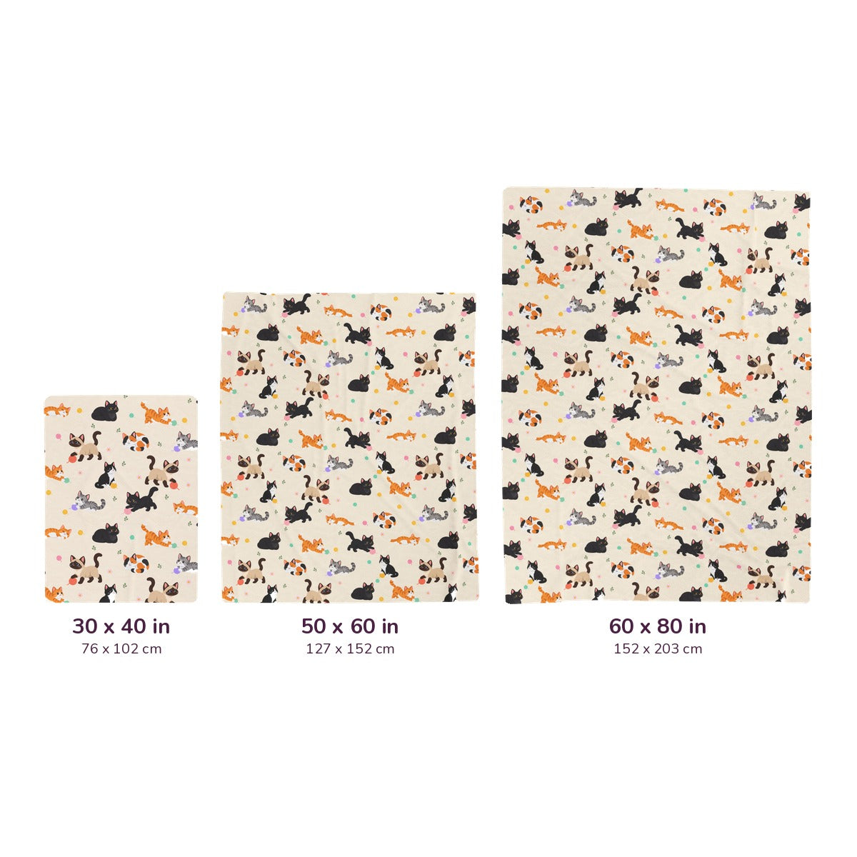 Three Cream velveteen plush blankets with cats sit side by side on white, labeled 30 x 40, 50 x 60 and 60 x 80 inches, with cm equivalents.