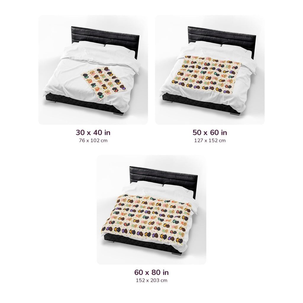 Three Cream velveteen plush blanket sizes shown on the same bed: 30x40, 50x60 and 60x80 in, with inch and cm labels.
